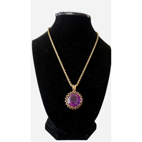 Vintage 14K Yellow Gold 21.2 mm Natural Amethyst Pendant Chain Necklace 20.7 gms - Picture 2 of 9
